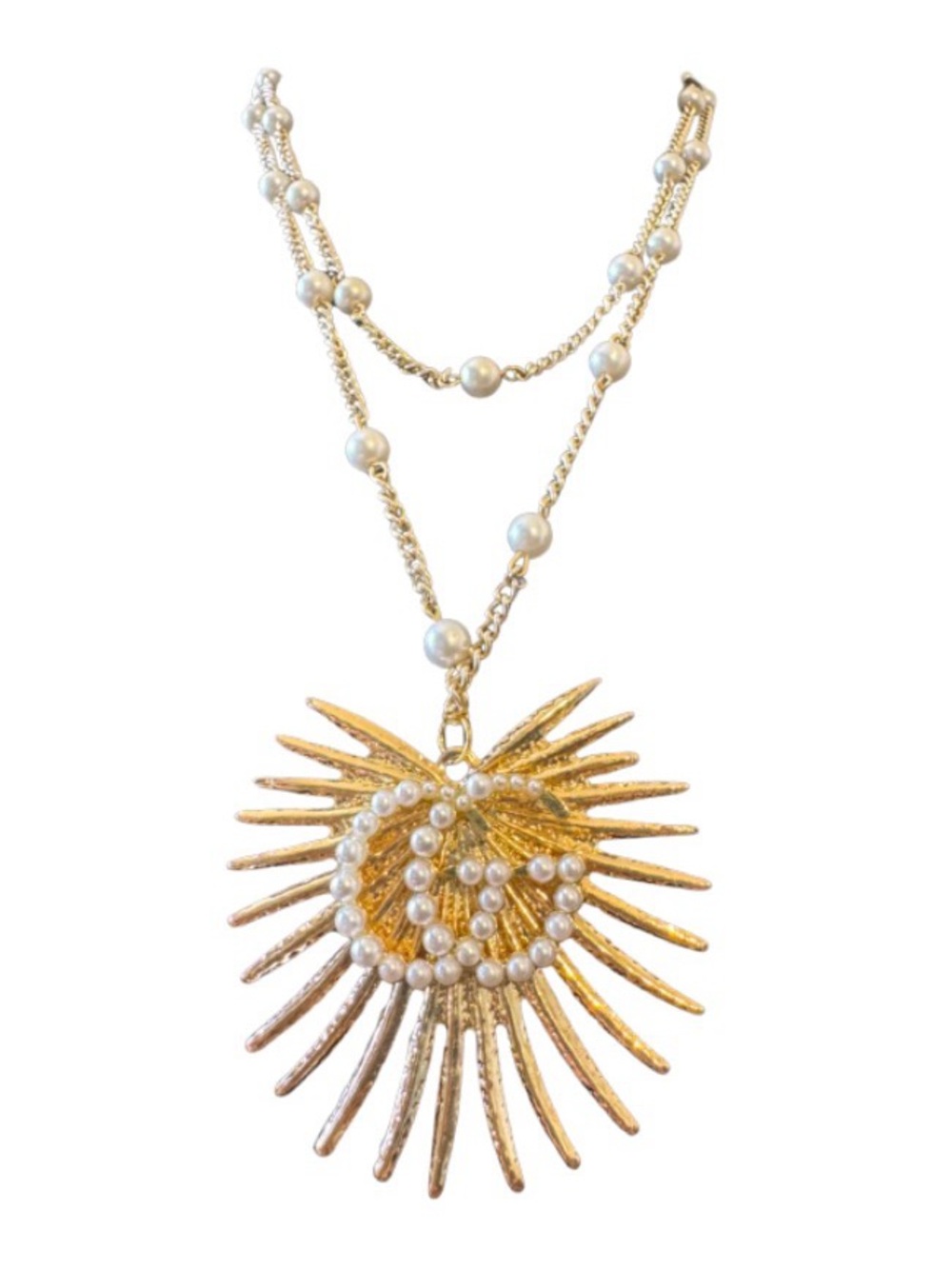 Gold Pearl Gucci Pin Upcycled on a Sunburst Pendant Necklace - Picture 3 of 5